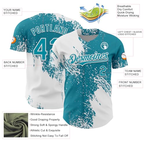 Design Your Own Teal White Baseball Team Uniforn Personalized Stitched Name Number Logo Men Women Youth Custom Novelty Baseball Jerseys Shirts Button Down Customize Softball Sports Uniform - Thumbnail 3