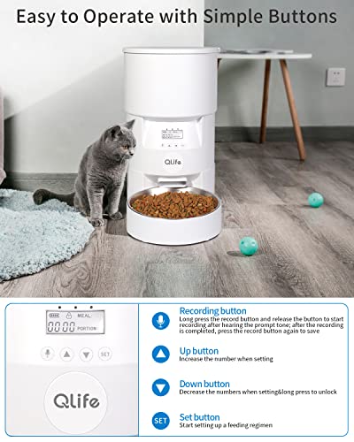 Qlife Automatic Cat Feeder Programmable: 3L Timed Dry Food Dispenser For Small Medium Dog - Smart Auto Pet Feeder With Desiccant Bag Portion Control Dual Power 10S Voice Recorder Stainless Steel Bowl #TOP4
