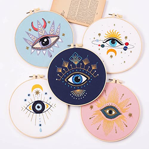 Image of Harimau 5pcs Beginner Embroidery Kit,Eye Pattern,Cross Stitch Kits, Including Stamped Embroidery Cloth with 2 Embroidery Hoops, Multicolor Color Threads for Embroidery Kit