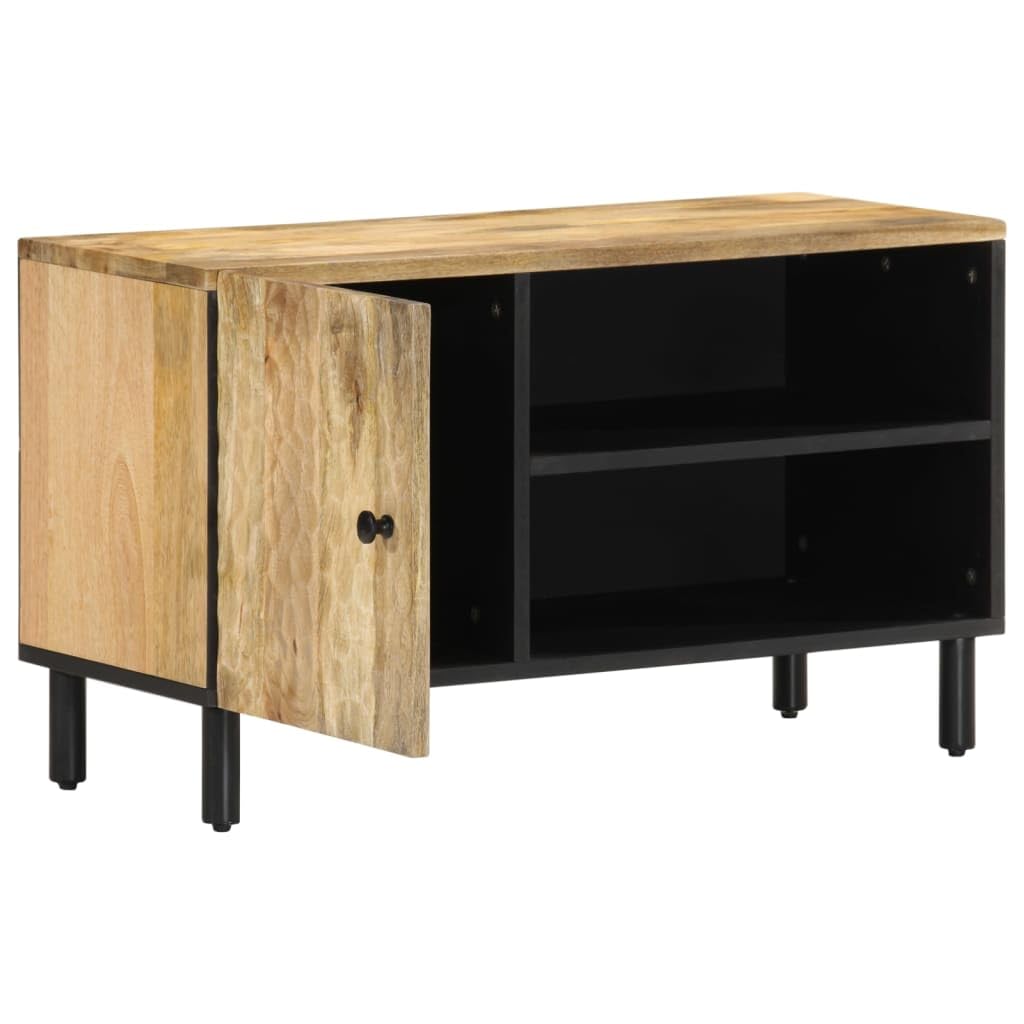 TV-Schrank 80x31x46 cm aus massivem Mangoholz, Robustes Media-Center für Wohnzimmer, Schlafzimmer, Konsolentisch mit Stauraum, Eisenbeine