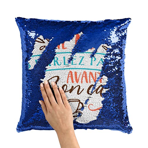 Housse de coussin sequin bleu paillettes message humour café expresso