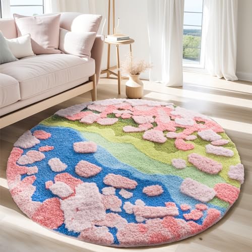 Image of YIHOUSE Modern Round Area Rug, Grass Green Moss Aesthetic Rug for Bedroom Non-Slip Throw Shag Fluffy Carpet Washable Circle Rug for Kids Room Girls Baby Living Room Home Dorm Decor(Spring, 5x5Ft)