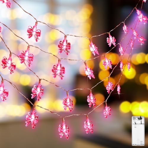Glooglitter Pink Bow String Light Mini Bow Decor for Girl Room 9.84 ft 20 LED Fairy Light String Battery Power Operated Waterproof Cute Twinkle Decor for Bedroom Wedding Birthday Indoor Outdoor Party