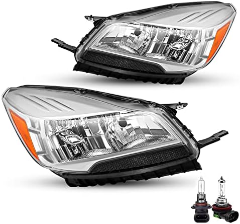 SOCKIR Headlight Assembly w/Bulbs Compatible with 2013-2016 Ford Escape Replacement Headlamp Chrome Housing with Amber Reflector, Driver & Passenger Side