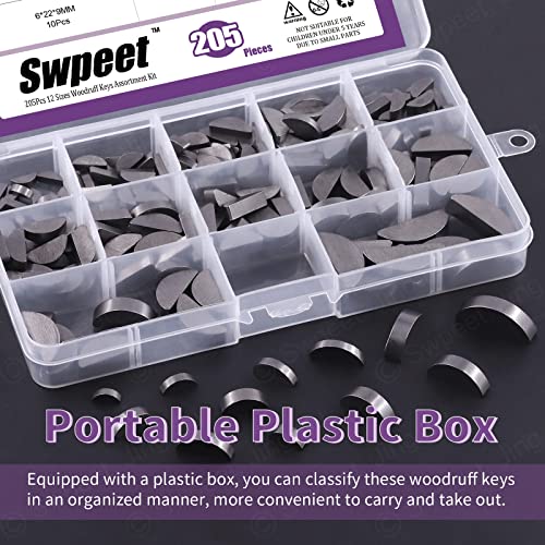 Swpeet 205Pcs 12 Sizes 3Mm 4Mm 5Mm 6Mm Woodruff Keys Half Moon Semicircle Bond Key Hardware Metric Assortment Kit For Fasteners Mechanical Industry #TOP5
