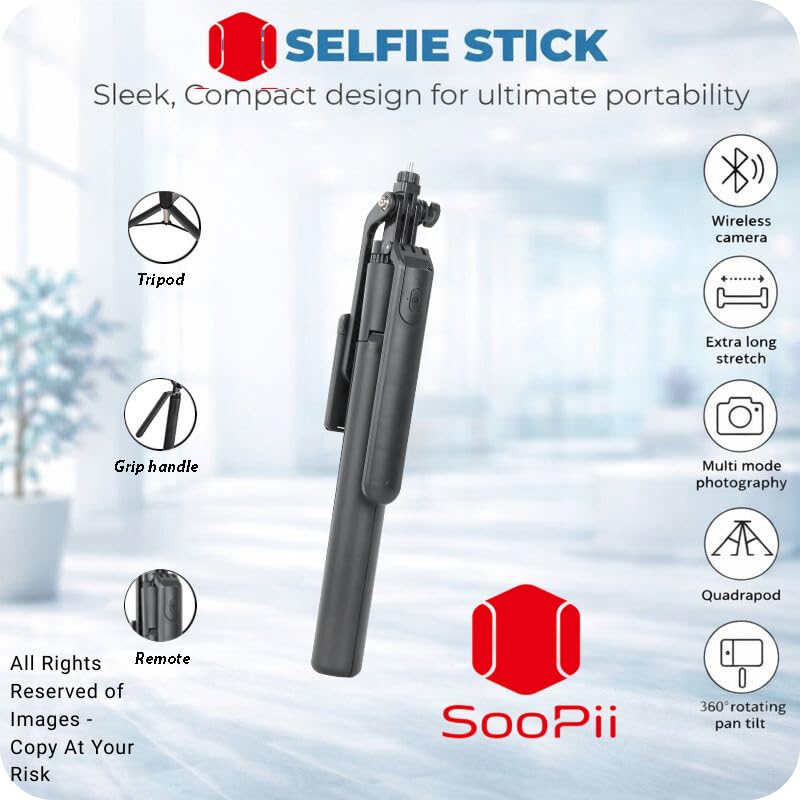 Image of SooPii All in one Bluetooth Selfie Stick with Tripod Stand | Foldable & Extendable | Wireless Remote | Lightweight Portable Selfie Stick for Android & iPhone | Vlogging, Travel, Video Shooting