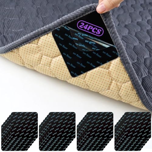 24 Stück Teppichstopper Antirutschpads - 10x10cm Doppelseitig Selbstklebend Antirutschmatte, Wiederverwendbare Anti-Rutsch, Schwarz Rug Gripper für Teppiche Eckenfixierung auf Fliesen, Parkett,Laminat