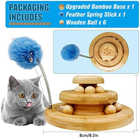 MaxAwe 2-in-1 Interactive Cat Roller Toy, 2x Levels 6x Balls Cat Towers Tracks Toy with 1x cat teaser toy, Wooden Fun Interactive Toy for Cats and kittens