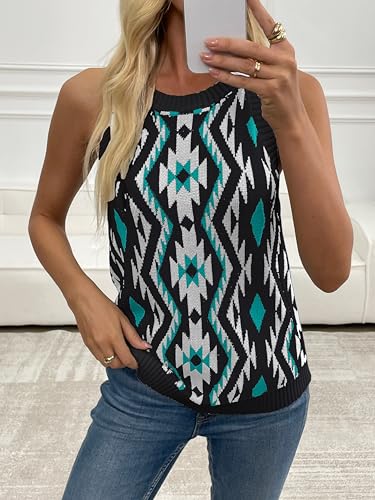 Image of MARZXIN Women Sleeveless Sweater Tank Round Neck Casual Aztec Geometric Knit Sweater Top