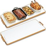 Electric Warming Tray (L 32”x12”)，Food Warmers for Parties Buffet with Thermostat&Full Surface Heating,Tempered Glass Warming Mat for Food, Temperature Adjustable Gold Handles Food Warming Mat,White