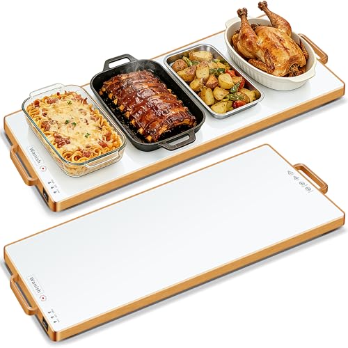 Electric Warming Tray (L 32”x12”)，Food Warmers for Parties Buffet with Thermostat&Full Surface Heating,Tempered Glass Warming Mat for Food, Temperature Adjustable Gold Handles Food Warming Mat,White