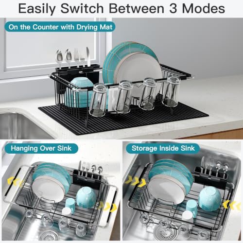 Image of JASIWAY Black Dish Drying Rack in Sink with Mat, Cups and Utensil Holder