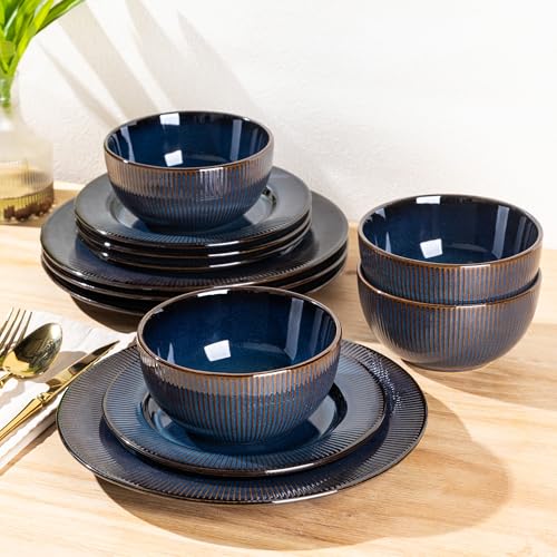 Image of GBHOME Ceramic Dinnerware Sets,12 pcs Embossed Elegant Stoneware Plates and Bowls Sets, Housewarming Wedding Gift | Dishwasher & Microwave Safe | Dishes Set Service for 6