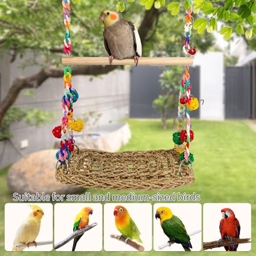 Image of Natural Bird Swing Toys with Wood Perch,Double Layer Bird Seagrass Woven Climbing Hammock with Chewable Perch Stand Chewing Toy for Parakeets,Budgies,Conures,Cockatiels,Lovebirds