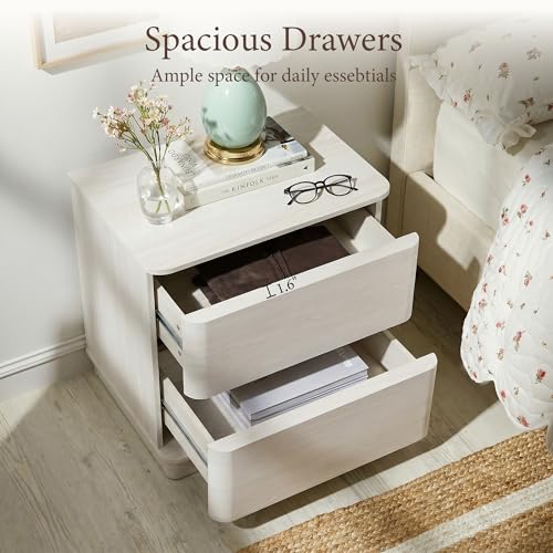 Image of Yechen Night Stand Set of 2 with 2 Push to Open Hidden Drawers Storage | Bedside Table, 22'' Wooden Modern End Table, Mid Century Bedside Table for Bedroom, Curved Profile, White Grey