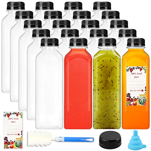 SUPERLELE 16oz 20pcs Empty PET Plastic Juice Bottles Reusable Clear Disposable Containers with Black Tamper Evident Caps Lids for Juice, Milk and Other Beverages
