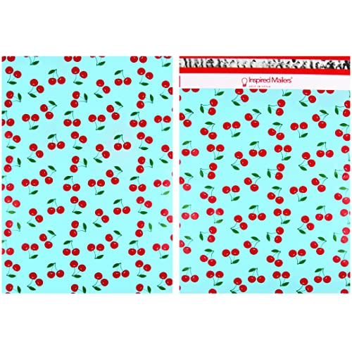 Image of Inspired Mailers - Poly Mailers 10x13 - 100 Pack - Cherries Print (Blue) - Shipping Bags for Clothing - Large Mailing Envelopes - Shipping Envelopes - Cute Packaging Bags for Shipping