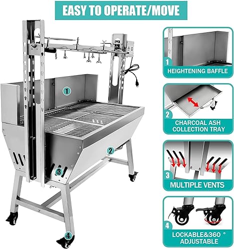 OUKIDR Stainless Steel Rotisserie Grill With Back Cover Guard, 25W Motor Small Pig Lamb Rotisserie Roaster, 37 Inch BBQ Charcoal Rotisserie Grill For Camping Outdoor Kitchen (with Baffle)