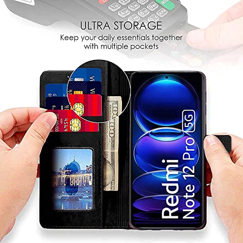 Image of WOW IMAGINE Shock Proof Flip Cover Back Case Cover for Xiaomi Redmi Note 12 Pro 5G (Flexible | Leather Finish | Card Pockets Wallet & Stand | Black)