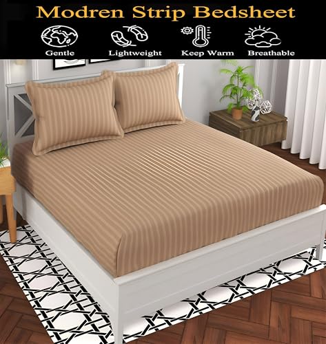 Image of 220 Cotton Feel Glace Cotton Double Bedsheet with 2 Pillow Cover (90x90 inch) Beige