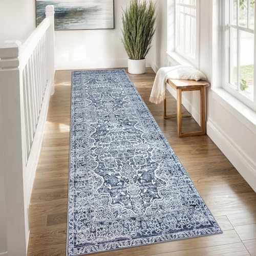 KUTA Vintage Washable Runner Rug, 2.6x8 Runners for Hallways Non-Slip Blue White Kitchen Rugs Ultra Soft Printed Tribal Floor Carpet for Bedroom Living Room Nursery Playroom