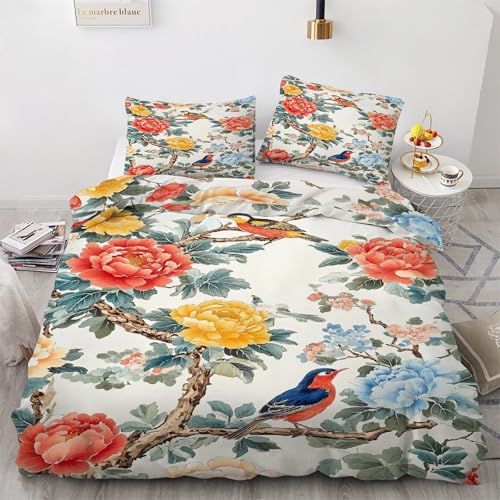 Housse de Couette 220x240 Fleur De Pivoine Parure de Lit Oiseau 3 Pcs - 2