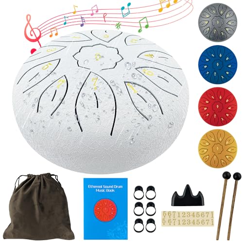 Oun Nana Rain Drum for Outside, 6 Inches 11 Notes Steel Tongue Drum for Adults Kids, Handpan Drum Sound Healing Instruments with Drumsticks, Music Book and Travel Bag Yoga Chakra Gifts, White