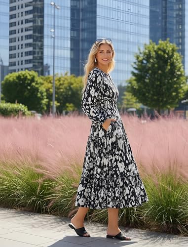 Image of GRACE KARIN Women's Floral Maxi Dress 2026 Fall Long Sleeve V Neck Empire Waist A Line Flowy Dress with Pocket