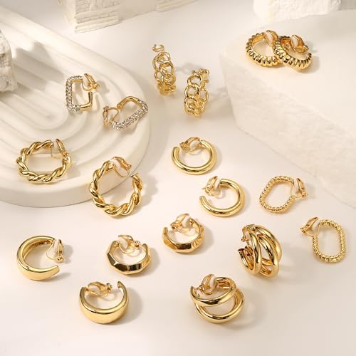 THUNARAZ 9 Pairs Clip on Earrings for Women 14K Gold Plated Chunky Hoop Clips Earring Trendy Clip on Hoop Earrings for Women Non-Pierced Fake Jewelry by THUNARAZ - Image 6