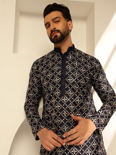 Image of SOJANYA (Since 1958 Men's Cotton Silk Gold Sequins Thread Embroidered Kurta With White Pyjama