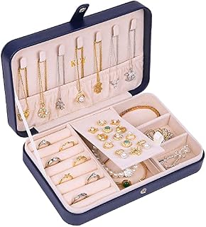 KCY Travel Jewellery Box Organiser for Women Girls, PU Leather Small Jewellery Storage Case, Portable Jewelry Holder Tray for Ring Earrings Necklace Bracelet, Dark-blue