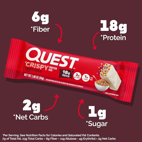 Image of Quest Nutrition Crispy Protein Bar, Fruity Cereal Flavor, 18g Protein, 1g Sugar, 2g Net Carbs, Low Sugar, 12 Count