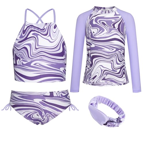 Image of GRACE KARIN Girls Swimsuit Tankini Set Rash Guard Long Sleeve Swimsuit 4 Piece Bathing Suit Swimwear 5-14Y