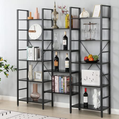 Mellcom Triple Wide 5 Tier Industrial Bookshelf, 14 Open Storage Cubes, Vintage Wood Bookcase, Cube Bookshelf With Antique Wood And Metal Frames For Living Room, Bedroom & Office, Black #TOP18