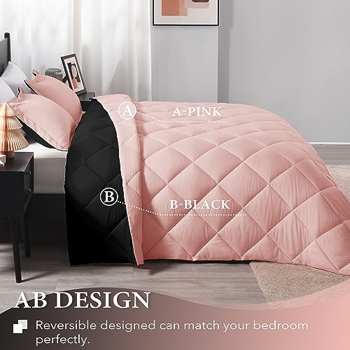 Image of downluxe Queen Comforter Set - Pink and Black Queen Comforter, Soft Bedding Sets for All Seasons -3 Pieces - 1 Comforter (88 inchx92 inch) and 2 Pillow Shams(20 inchx26 inch)