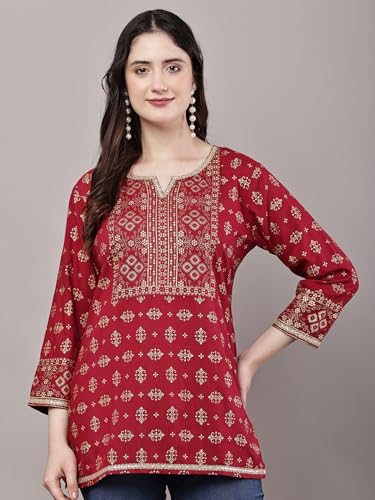 Image of Women's Pink Printed Short Kurti with Lace Trim, 3 /4 Sleeves, Ethnic Indian Style Top