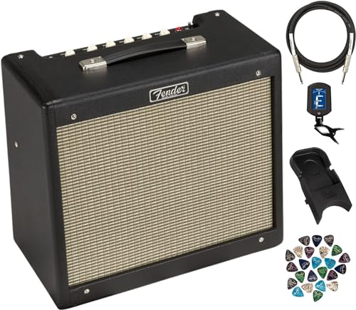 Fender Blues Junior IV Guitar Amplifier, Black Bundle with Instrument Cable, Amperstand Guitar Cradle, Tuner, and 24-Pack Picks