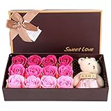 Hongzer Ramo de simulación, 12 Flor de Rosa, Flor de jabón + Oso de Peluche Día de San Valentín, Regalo romántico con Caja(Rosado)