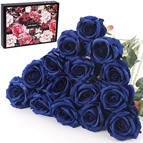 Cloudecor 15Pcs Fake Roses Velet Roses Long Stem Artificial Flowers Silk Flowers for Home Wedding Decoration (Round Roses,Royal Blue)