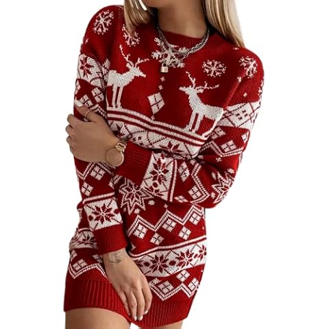 KEAIDO Christmas Jumper for Women, Winter Warm Crew Neck Elk Snowflake Knitted Pullover, Red Black Bohemia Xmas Warm Long Sleeve Sweater, New Year Gift for Couple Her Girlfriend Mother Ladies (Red,S) Cover
