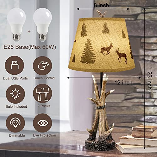 Farmhouse Deer Antler Table Lamps For Living Room Set Of 2, 3-Way Dimmable Touch Rustic Bedside Lamp For Bedroom, Western Resin Nightstand Lamps With 2 Usb Port For Country Cabin, 2 Bulbs Include #TOP5
