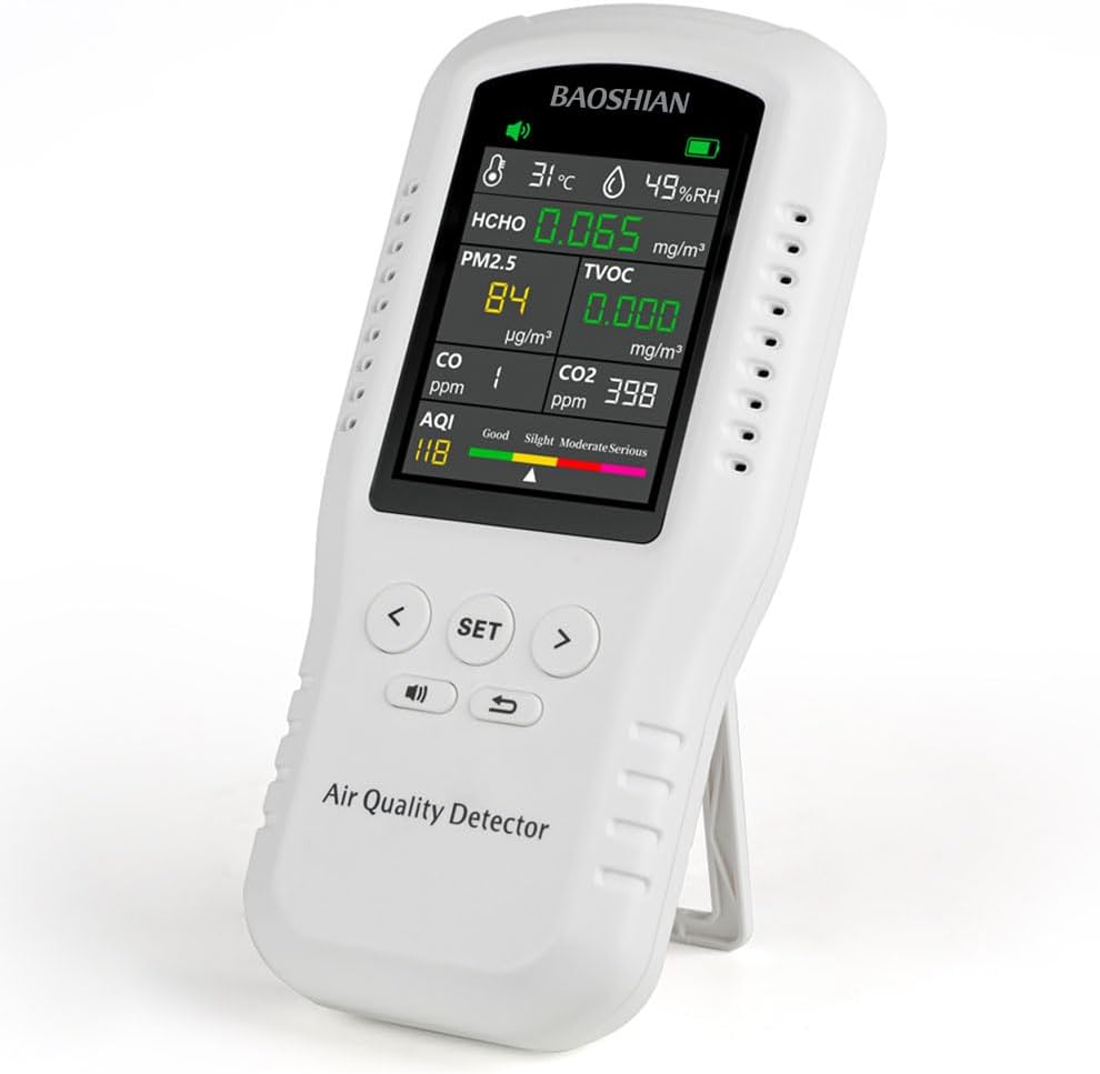 MOESAPU Indoor Air Quality Monitor showing various readings