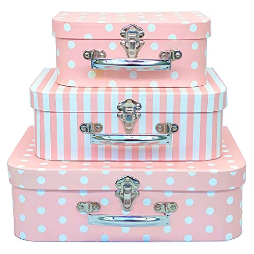 Amedoo Paperboard Suitcases Decorative Box Mini Suitcases Set Of 3 For Barbie Storage, Doll Clothes, Toys, Photos, Hair Accessories, Ribbon, Stackable Cute Storage Boxes Nesting Pink Gift Boxes Decorative Boxes For Home Decoration, Wedding, Birthday, Mothers' Day Girls Kids (Pink Dots And Strips) #TOP5