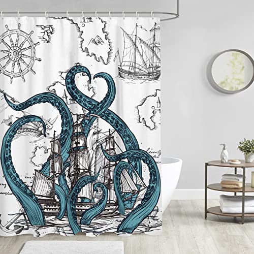 Aatter Cool Nautical Octopus Shower Curtain Funny Kraken Ocean Anime Landscape Sea Life Cool Sailboat Ship Pattern Shower Curtain For Bathroom(W60''Xh72'') 12 Hooks Included #TOP1