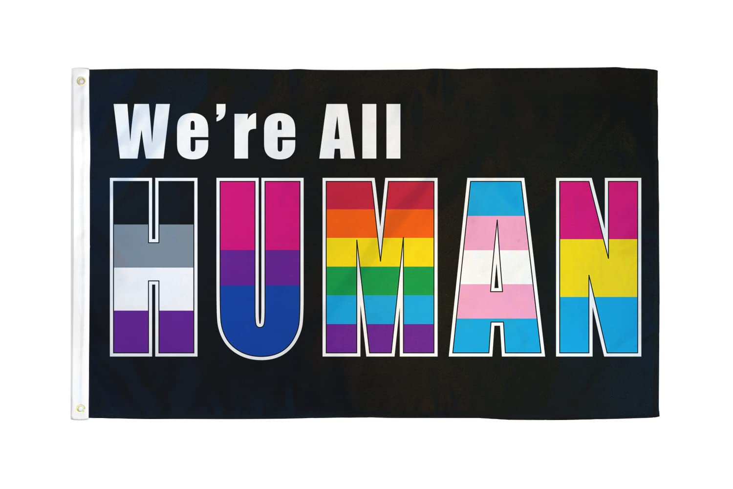 We're All Human Coexist Flag 3x5 Foot LGBTQ+ Pride Flag - Bold Vibrant Colors, UV Resistant, Golden Brass Grommets, Durable 100 Denier Polyester,