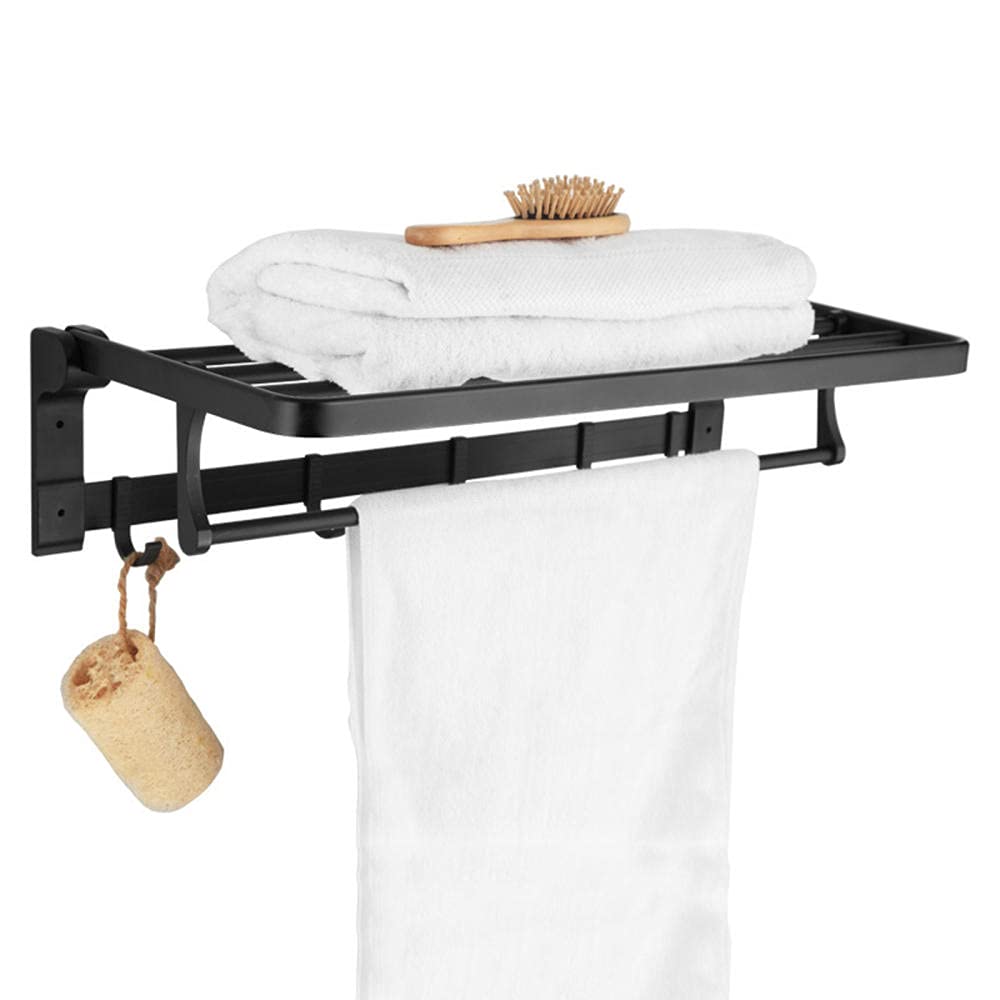 Porte-serviettes sans perçage avec étagère pliable et crochets noirs