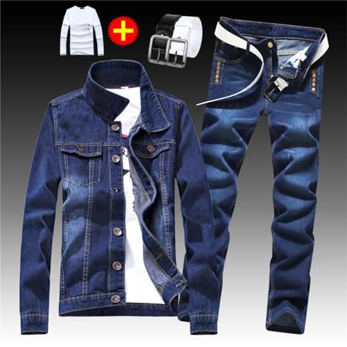 Generic Men's Spring 4 Pcs Set Denim Jacket Holes Single Breasted Coat Jeans Pants with Shirt & Belt Suit3