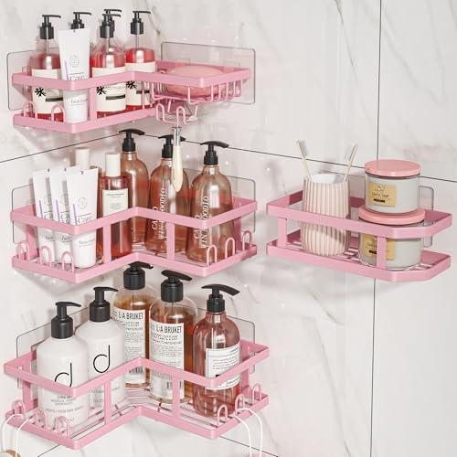 Youvip 4-Pack Adhesive Corner Shower Caddy with Soap Holder No Drilling Wall Mounted Shower Shelves-Rustproof Organizer for Bathroom Kitchen & Home Decor. Pink
