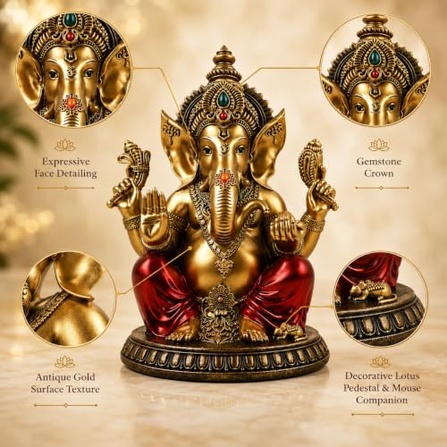 Image of ARMONIA Premium Lord Ganesha Idol for Home Decor - 11Inch Handmade Ganesh Murti |Antique Finish Ganpati Statue for Mandir,Office Desk |Polyresin | Best Spiritual Gift for Diwali,Wedding & Housewarming