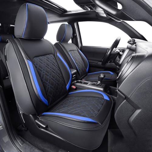 Image of LUCKYMAN CLUB F150 Full-Set Seat Covers J03-Q3 with Waterproof Faux Leather, Fit 2015-2025 Ford F150 and 2017-2025 F250 F350 F450 (Full Set, Black-Blue)